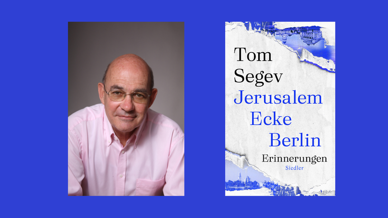 Buchumschlag  "Jerusalem Ecke Berlin.  Erinnerungen" und ein Porträt des Autors Tom Sege auf blauem Hintergrund